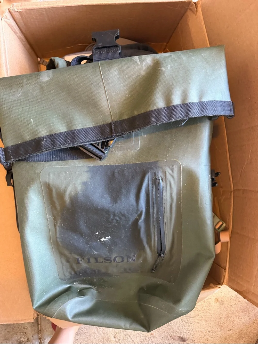 Filson Olive Green Roll-Top Backpack with Black Accents